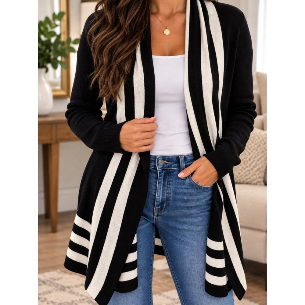 Black White Striped Long Cardigan Sweater-  Open Front